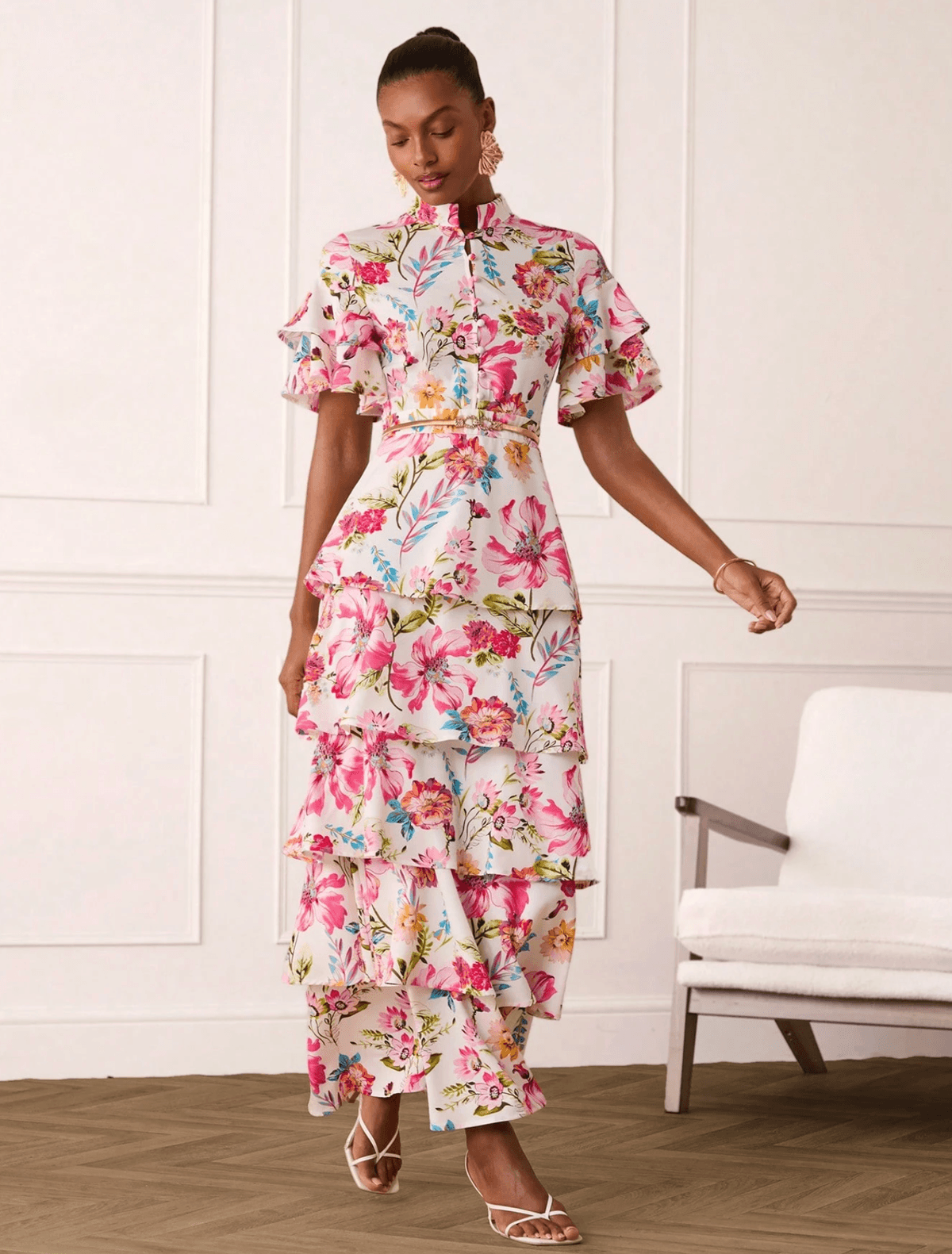 Womenโs Floral Tiered Maxi Dress with Flounce Sleeves โ Elegant Occasion Dress