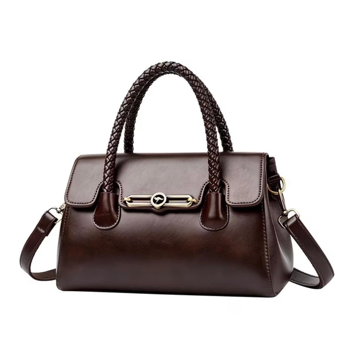 Elegant Brown Leather Top Handle Satchel Handbag Women Crossbody Shoulder Purse Braided Handles