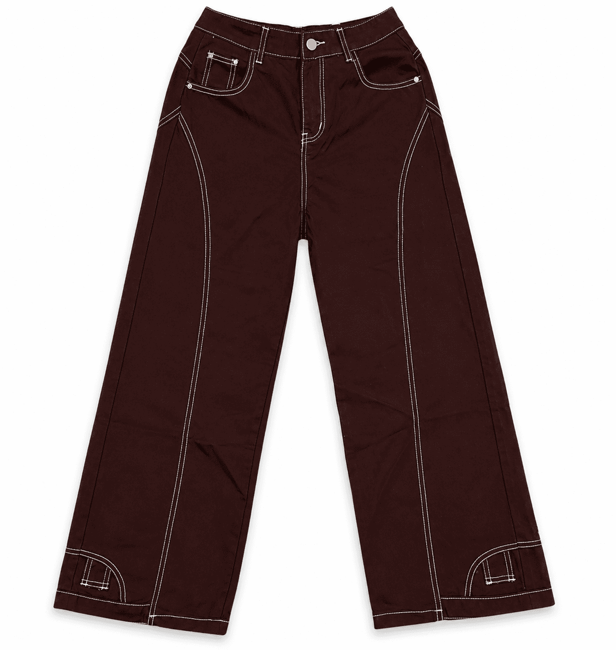 Women's High-waisted Brown Wide Leg Jeans Contrast Stitch Straight Fit Denim Pants