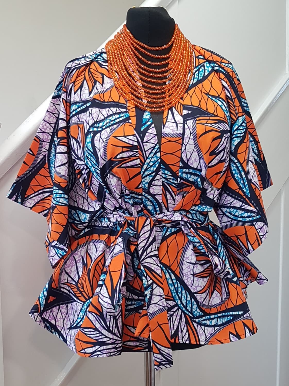 Ankara Kimono Top Size 12-14 Orange African Print Belted Cover-up