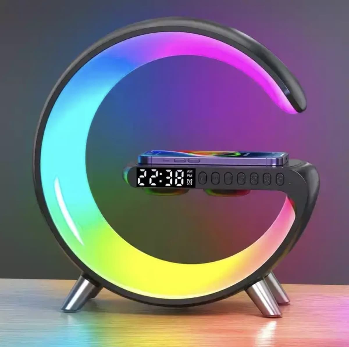 Wireless Phone Charger 5 in 1 Portable G-shaped 15W With Alarm Clock LED Light Wireless Speaker Smart Bedside Table Lamp
