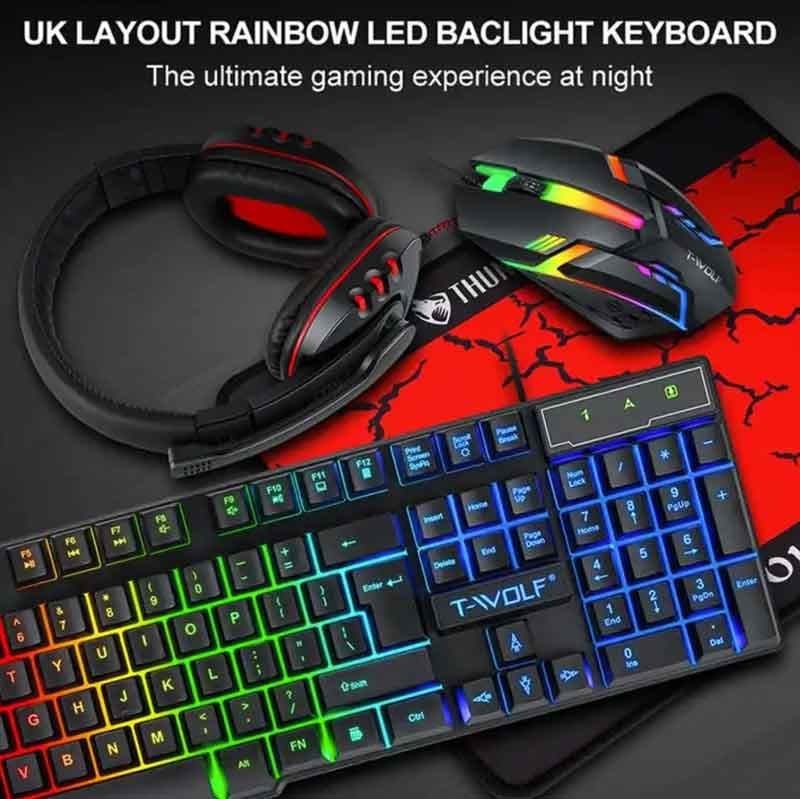 Gaming Kit T-Wolf TF800 4Pcs Gaming Devices Set 104 Keys LED Backlit Gaming Keyboard 1200DPI Mouse 3.5mm Wired 50mm Driver Headset Anti-Slip Mouse Pad Combo 4 in 1