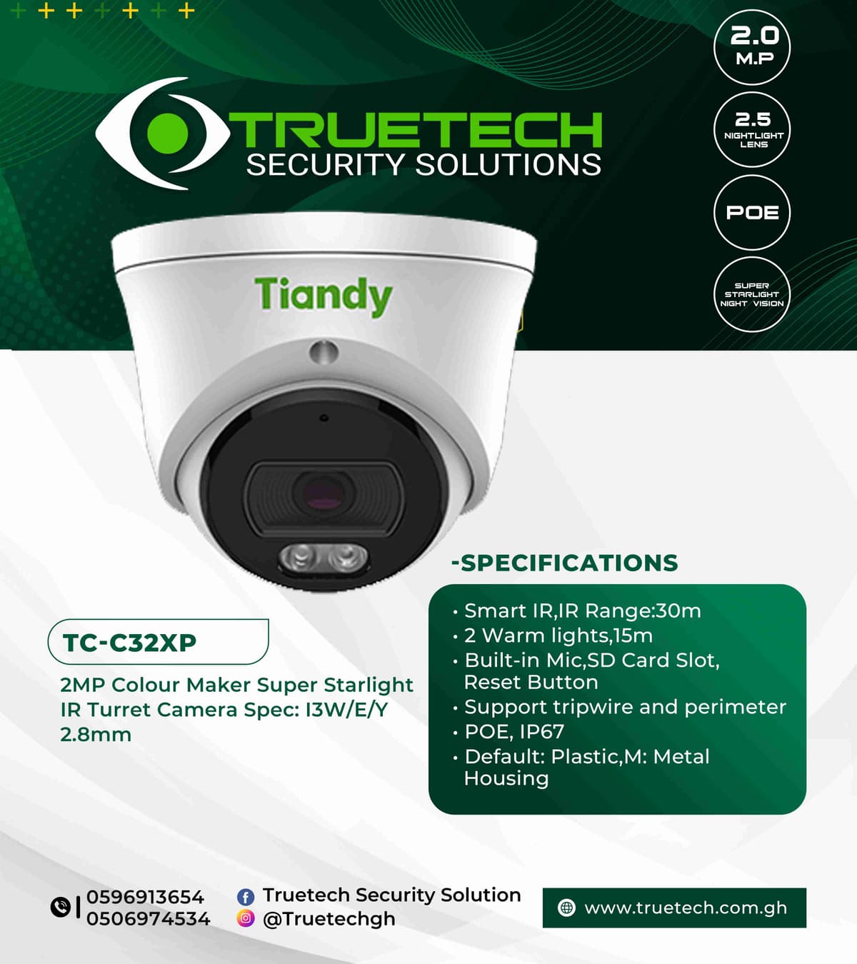2mp Tiandy Colour Maker Super Starlight IP Camera Tc-C32xp