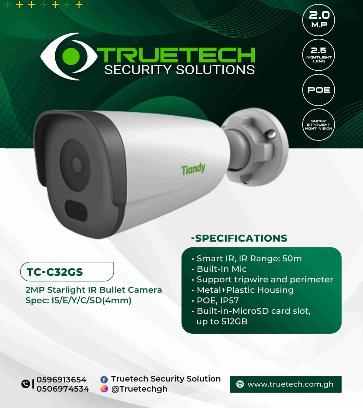 2mp Tiandy Starlite Bullet Camera Tc-C32gs