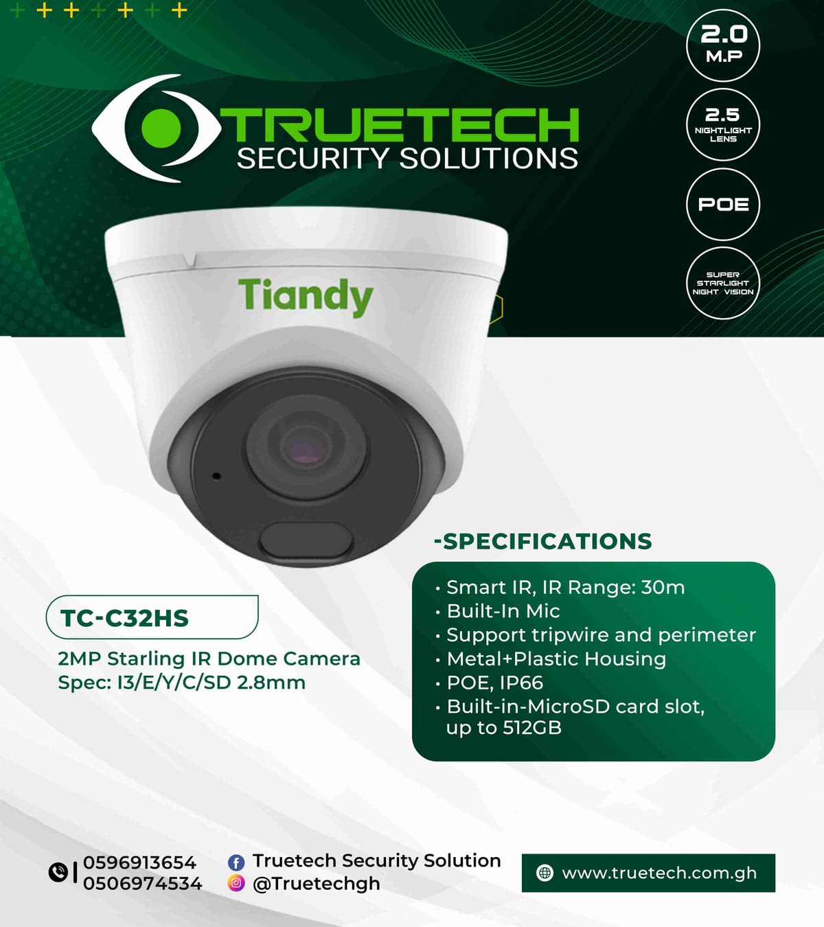 2mp Tiandy Starlight IP Camera Tc-C32hs
