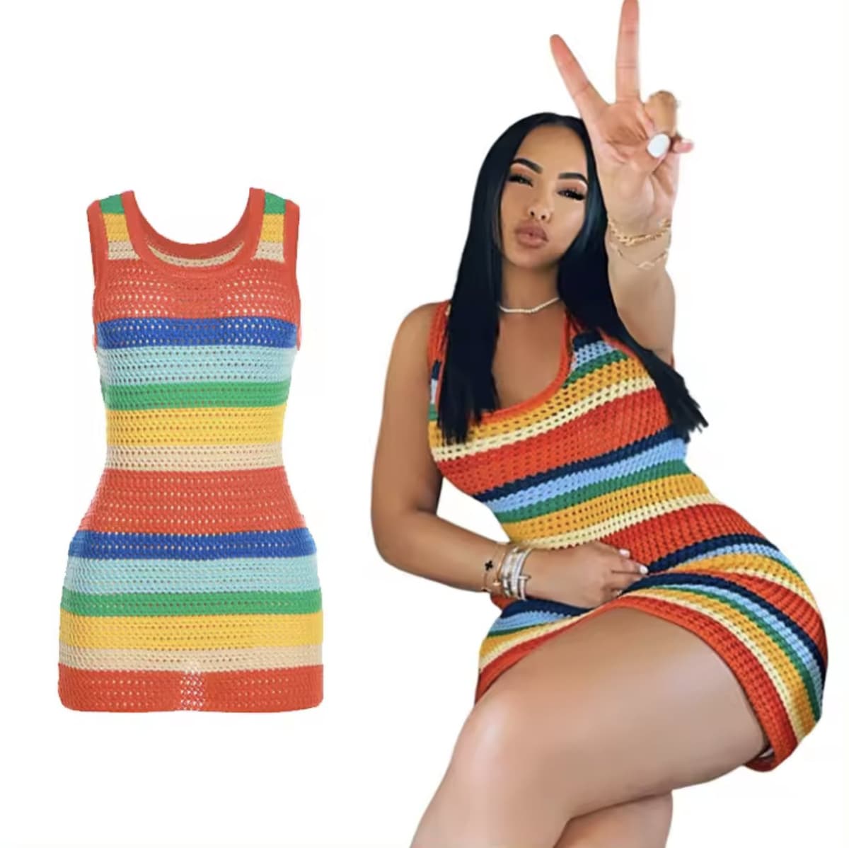 Women's Beach Party Wear Woven Dress Hollow Knit High Waist Contrasting Color Slim Sleeveless Hip Dress