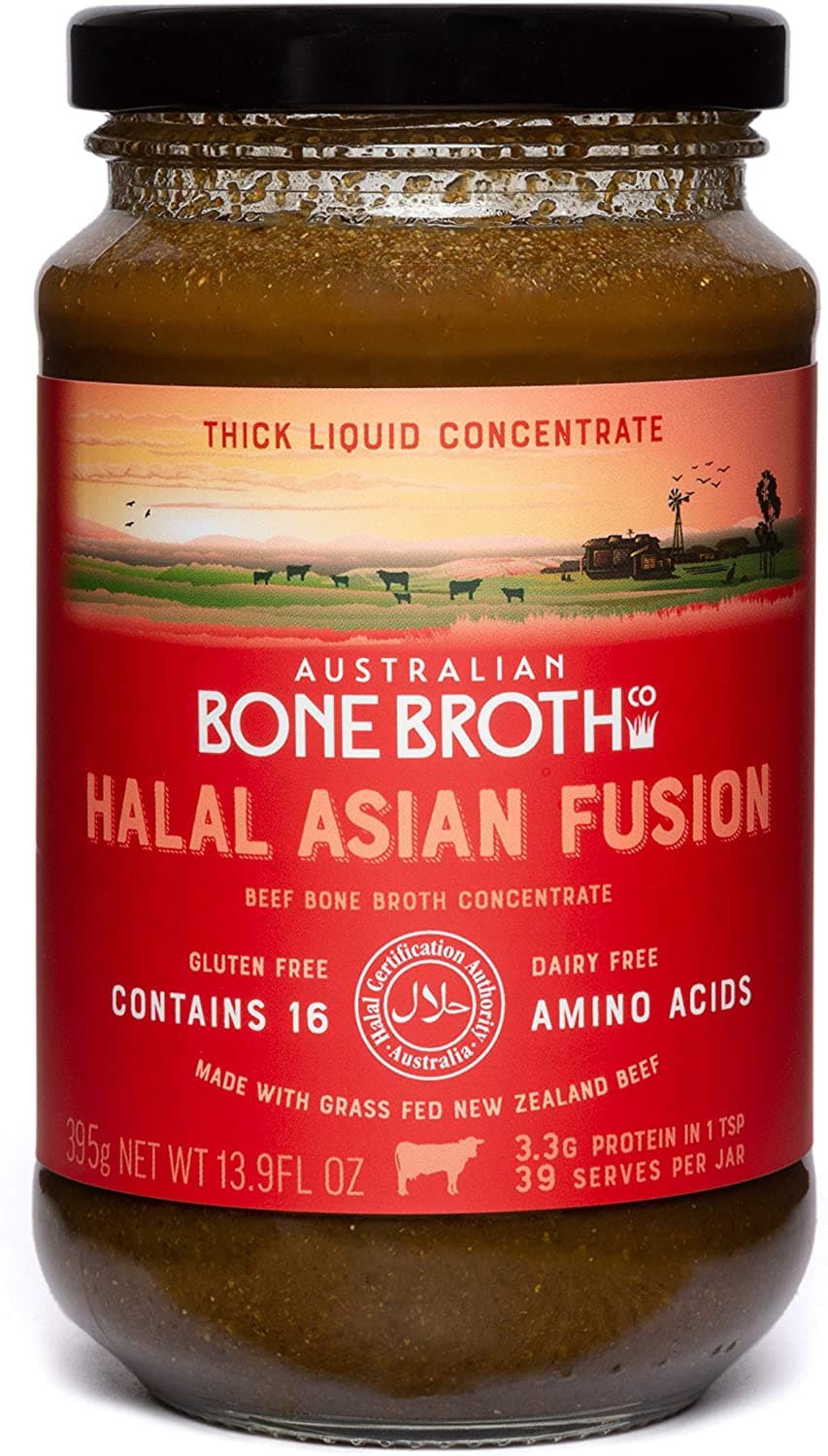 Halal Beef Bone Broth Concentrate- Certified Halal Asian Fusion – Great Protein Food Source - Instant Spicy Broth for Gut Health, Digestion and General Well-Being. 395 Grams Made in Australia