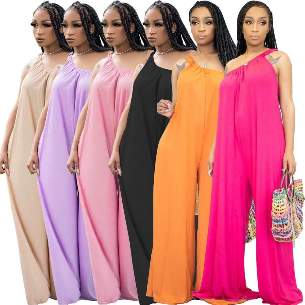 solid color off shoulder full length loose female wide leg strapless jumpsuits