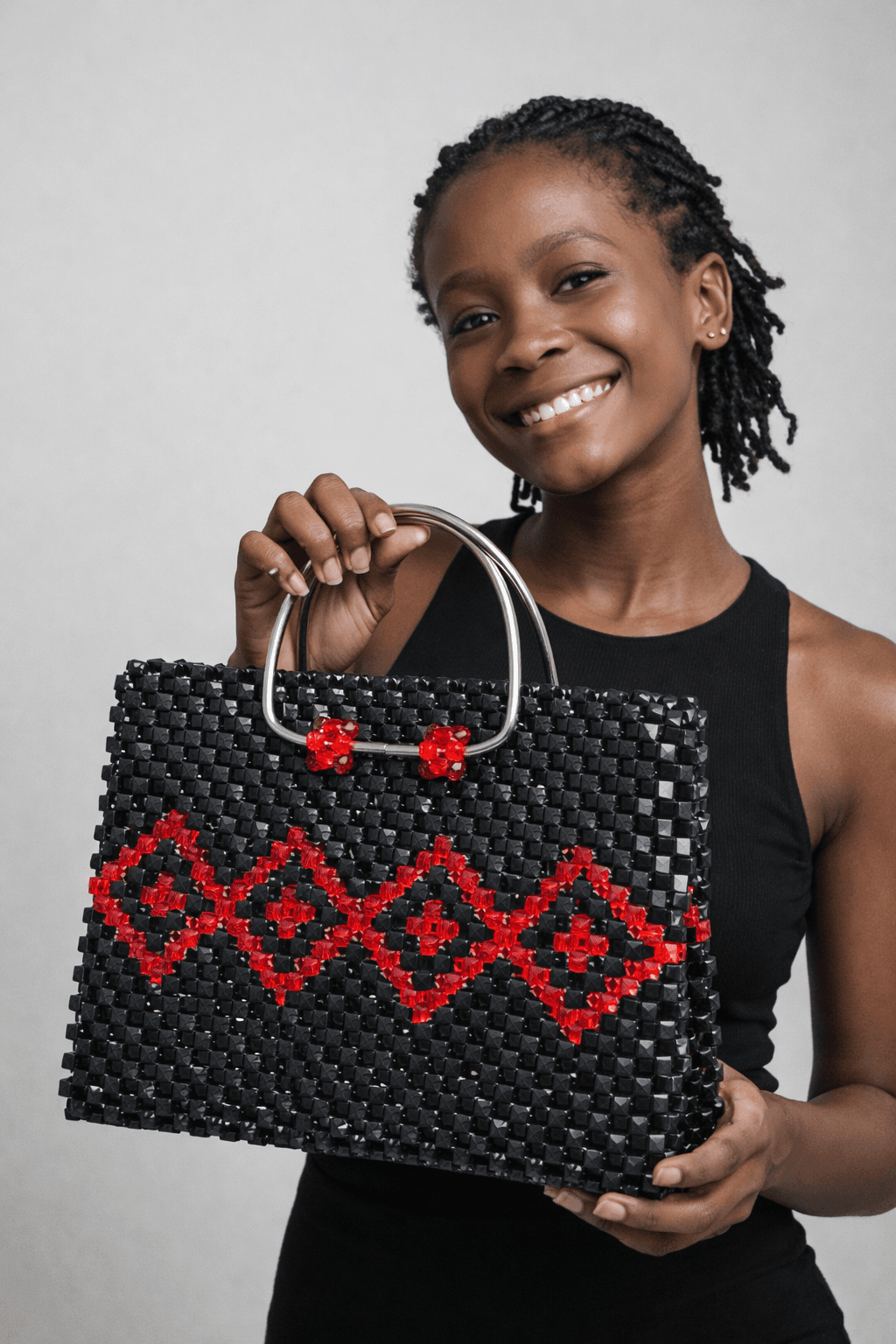 Black/Red Beaded Handbag with Red Pattern - Handmade Crystal Evening Handbag
