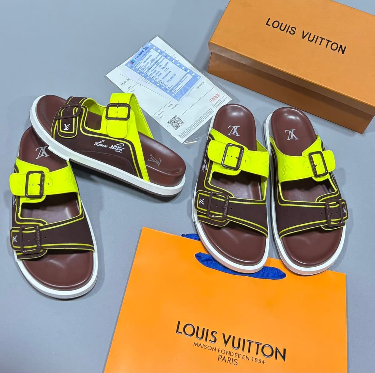 Louis Vuitton Men’s Designer Slippers I Sandals – Brown & Neon Yellow