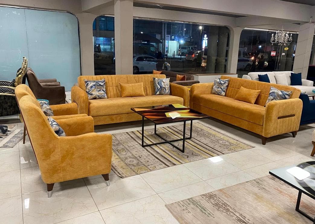 Modern Mustard Velvet Sofa Set (3+3+1+1) – 8 Seater Living Room Couch with Throw Pillows