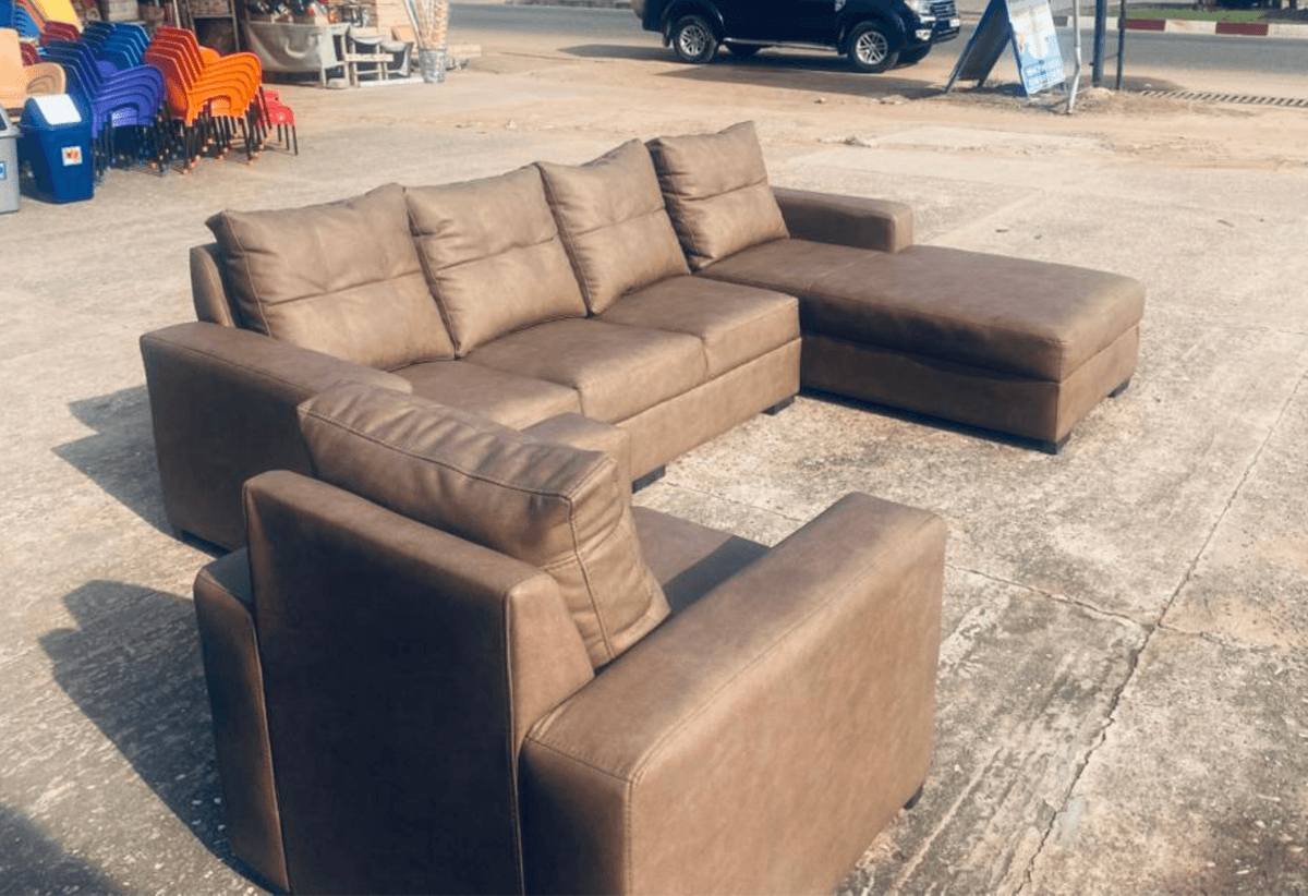 Modern Brown Leather-Look L-Shape Sectional Sofa + Single Chair – 4 Seater Chaise Couch (Right Corner)