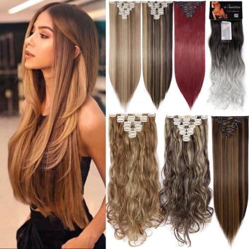 100% Real Natural Clip in Hair Extensions Full Head 8 Piece Set Long as Human UK