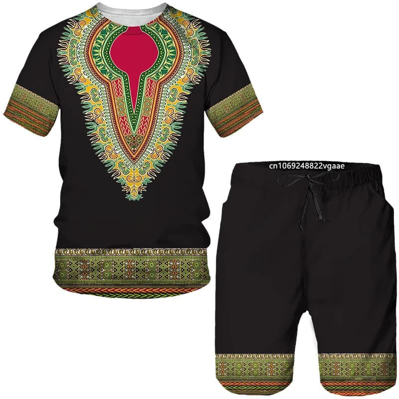 African Print Men Clothing Dashiki T Shirt Set Traditional Wear Clothes Short Sleeve Casual Retro Streetwear Vintage Ethnic