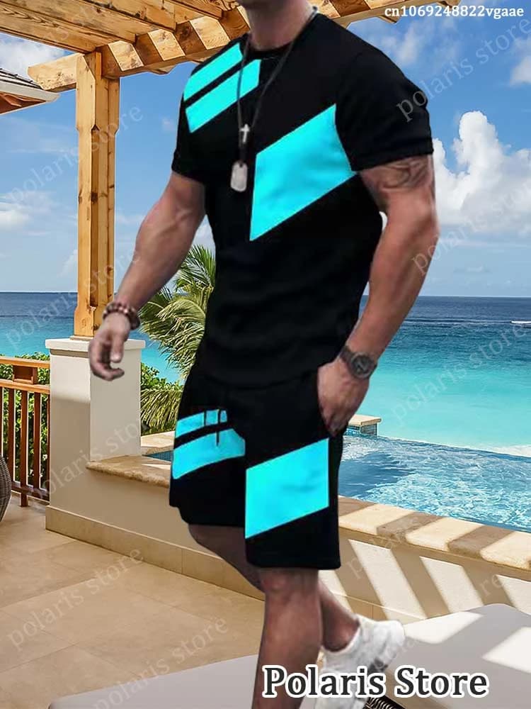 Summer Men Solid Color Tracksuit Short Sleeve T Shirt Set 2 Piece Outfit Clothes Sportswear Oversized Beach Shorts