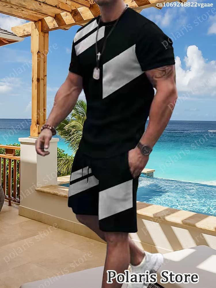 Summer Men Solid Color Tracksuit Short Sleeve T Shirt Set 2 Piece Outfit Clothes Sportswear Oversized Beach Shorts