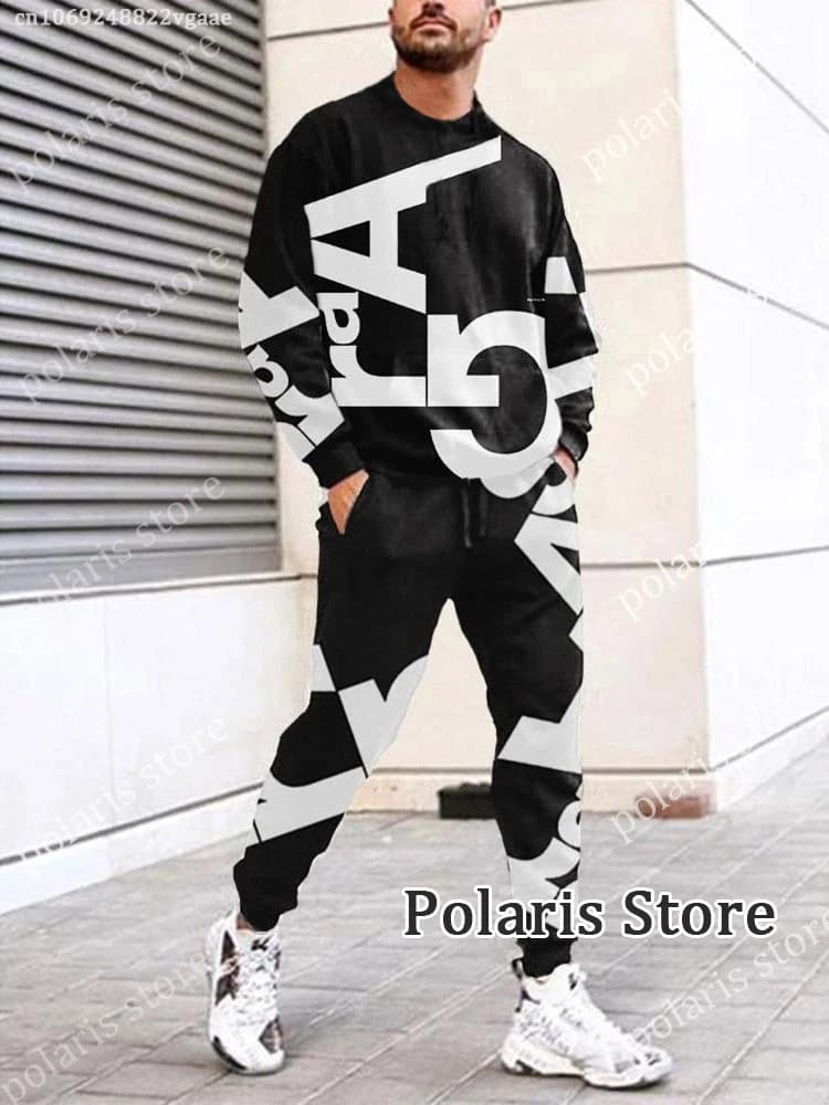 Summer Black Tracksuit Set For Men 2 Piece Outfit Long Sleeve T Shirt Trousers Pants Sweatpants Jogging Suit Oversized Clothes