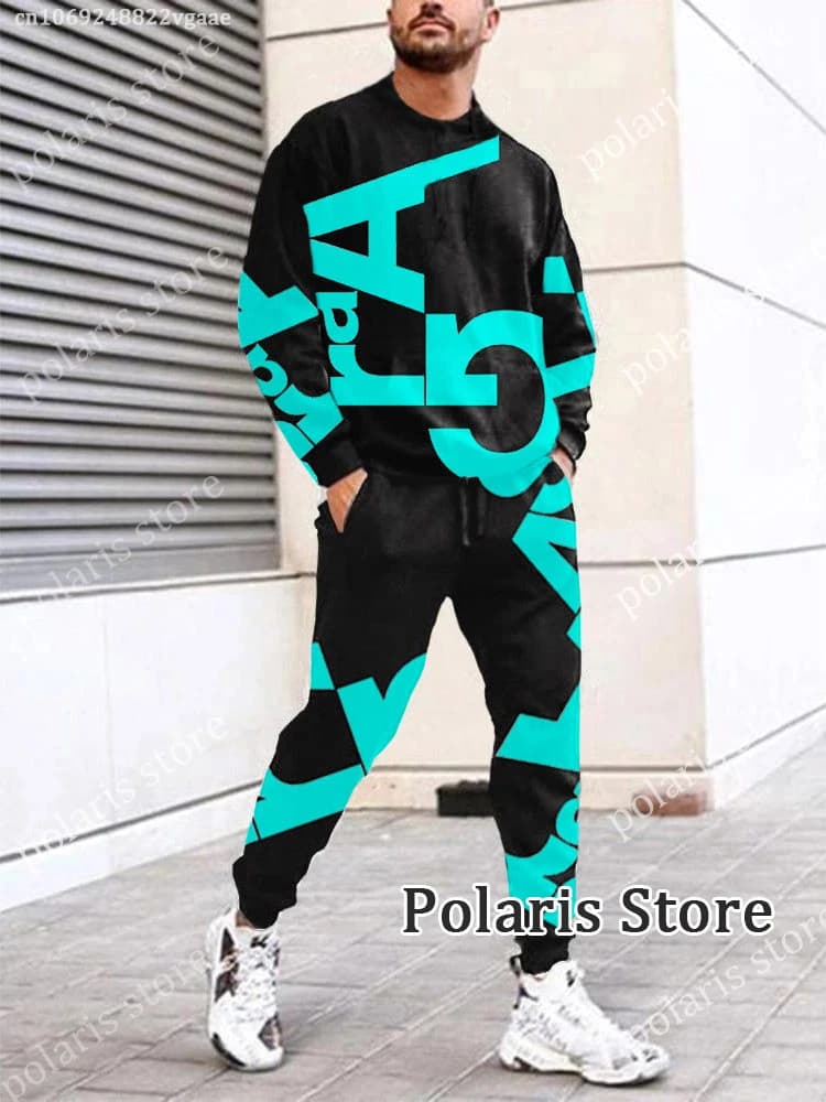 Summer Black Tracksuit Set For Men 2 Piece Outfit Long Sleeve T Shirt Trousers Pants Sweatpants Jogging Suit Oversized Clothes