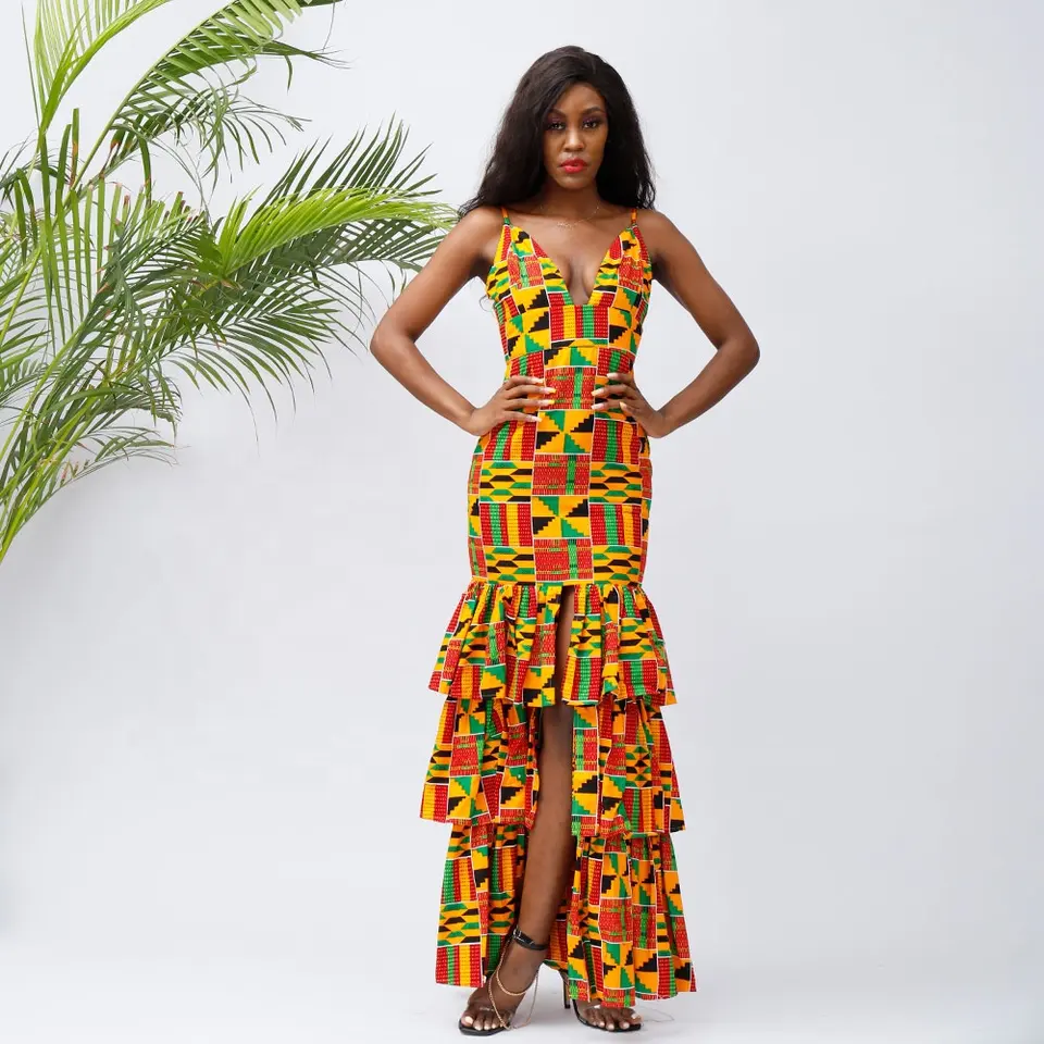 Sleeveless Sexy Kente Design Ladies Party Evening Dress Africa Wax Print Casual African Dress For Women Clothing