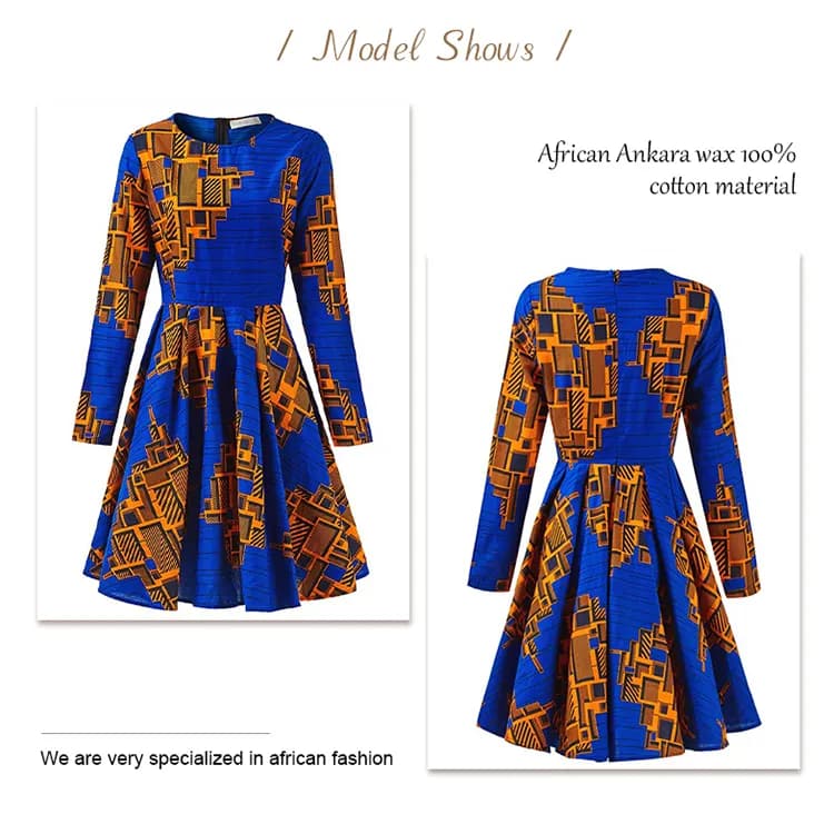 African Traditional Dresses100%Cotton Wax Fabric Long Sleeve Casual Midi Dress For Women