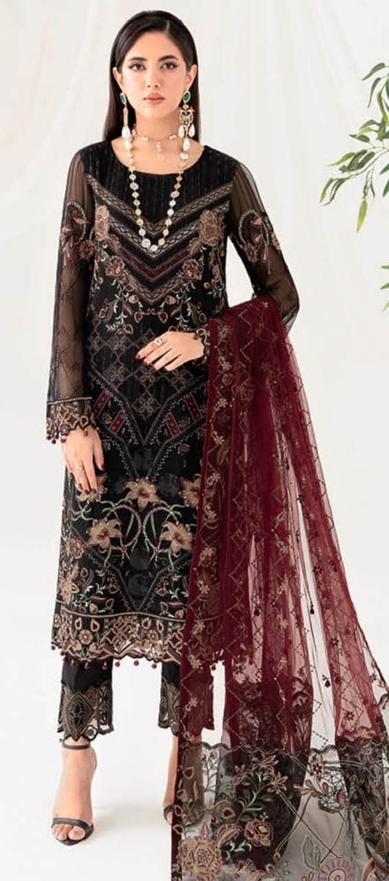 Stylish Fency DressEmbroidered Chiffon Front With sequins Embroidered Chiffon Back Pasting Embroidered Chiffon Sleeves Embroidered Organza Sleeves lace Embroidered Organza Ghera Lace Embroidered chiffon Dupatta Raw Silk Trouser 2.5 meter Embroidered Organ