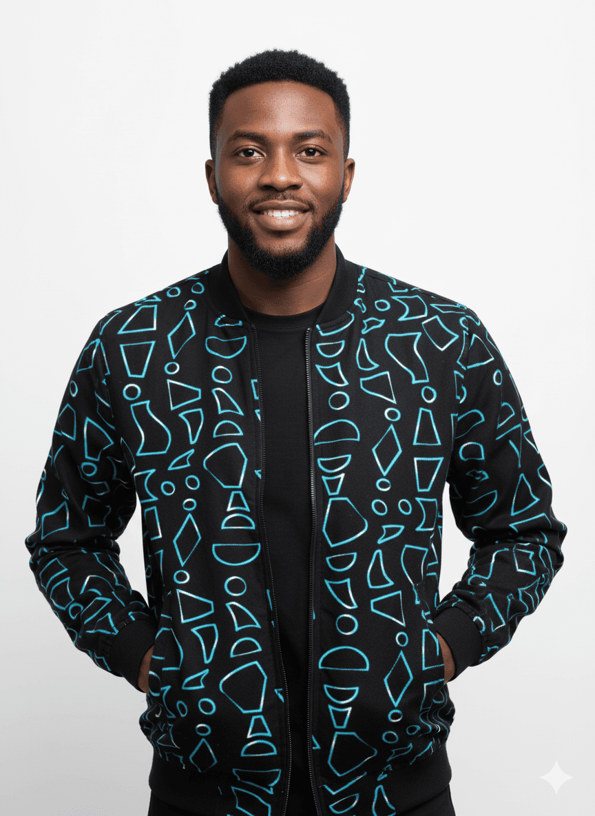 Bomber Jacket - Black Geometric Print Bomber Jacket – Zip-Up Streetwear Jacket