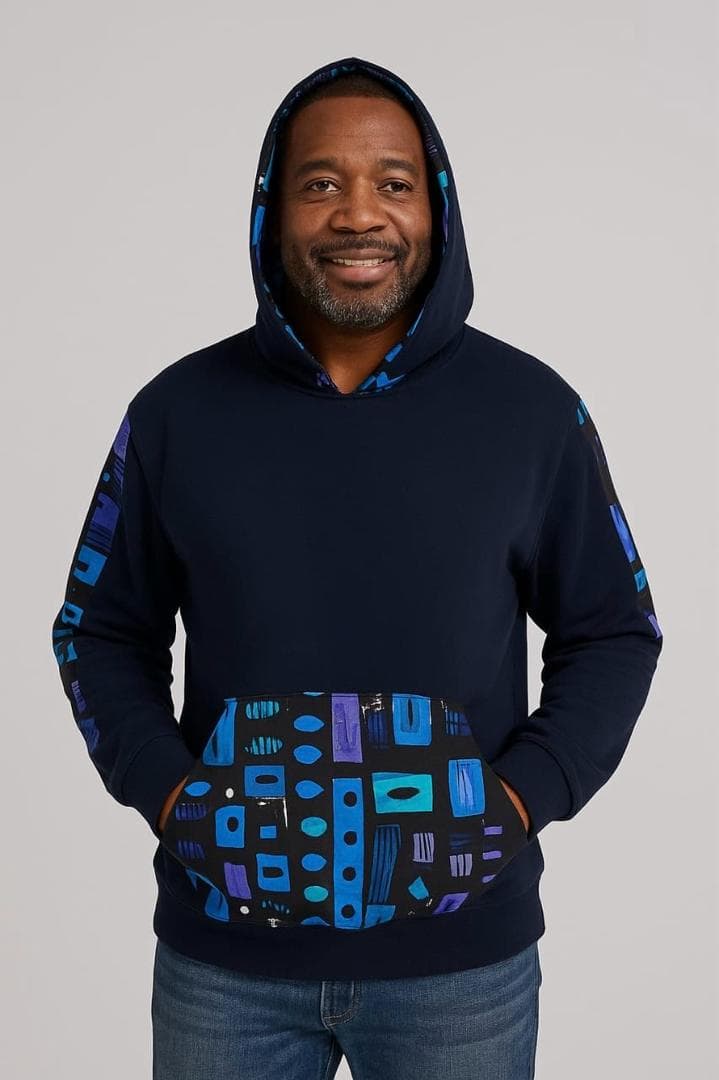 Hoodies mixed with African Prints - Navy Hoodie with African Print Pocket & Trim – Unisex Cotton Pullover