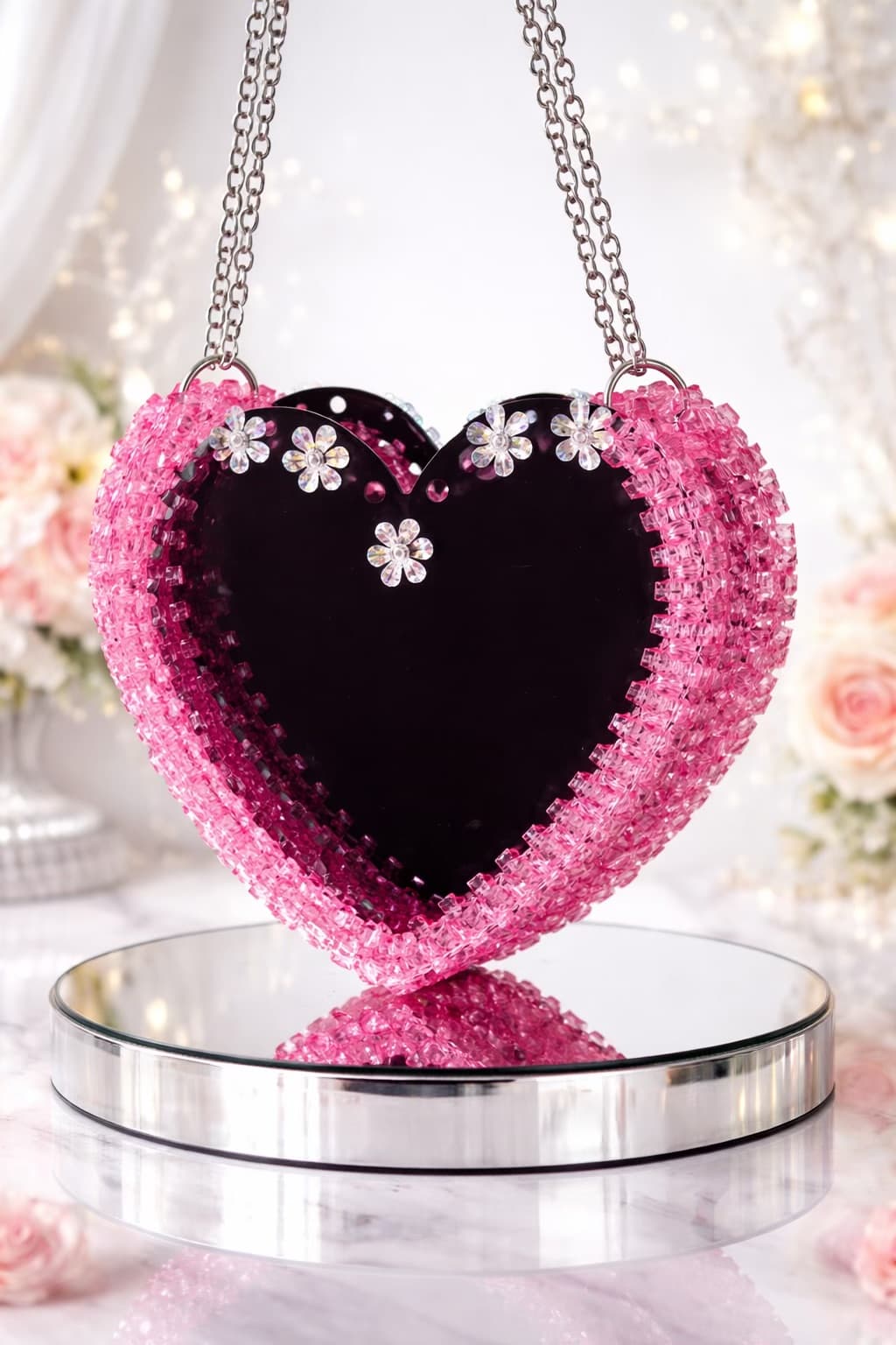 Handmade Beaded Heart Bag In Pink Crystal Evening Clutch For Parties & Weddings