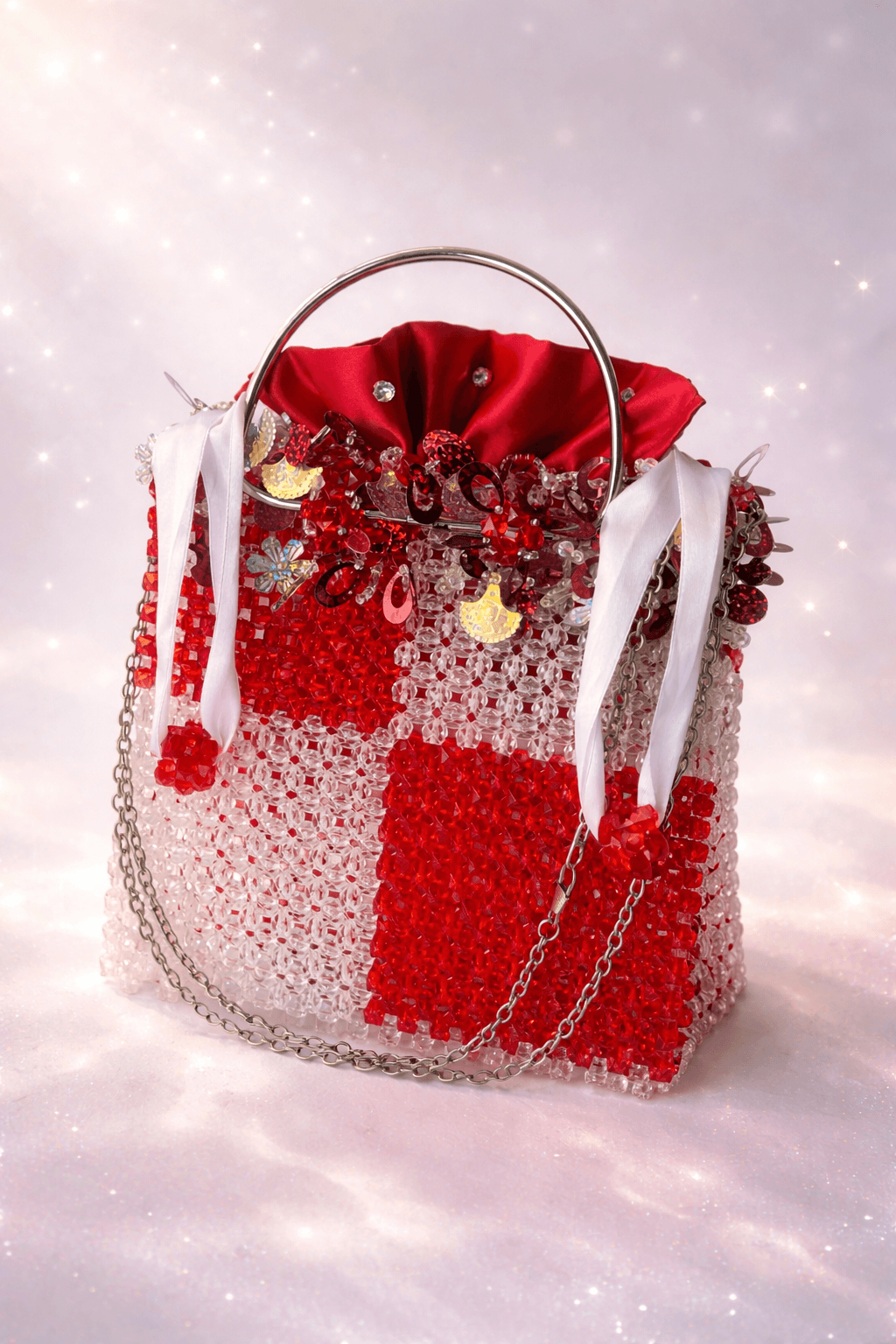 Handmade Red & Clear Beaded Bag with Satin Lining and Floral Detail – Chain Strap & Ring Handles. Length - 15cm Width - 15 cm
