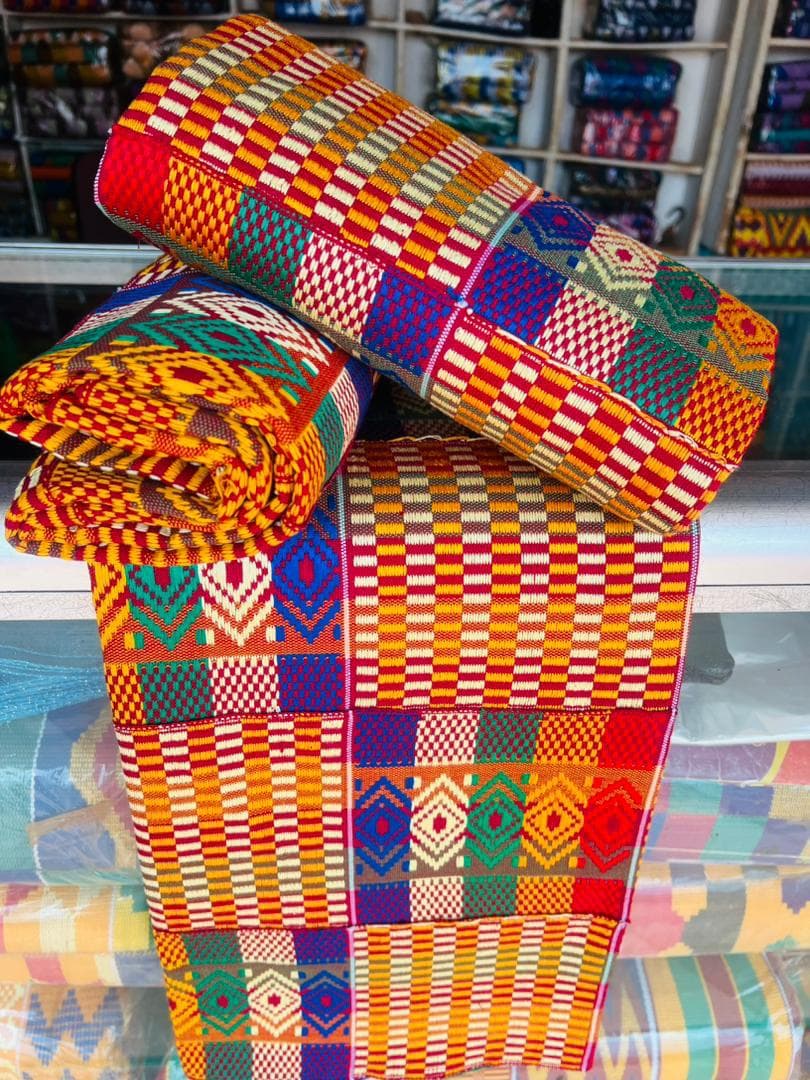 Kente - Authentic Multicoloured Ghana Kente Fabric – Handwoven Traditional African Cloth for Weddings | Kente Fabric in UK | 6-yard set (3 pieces)