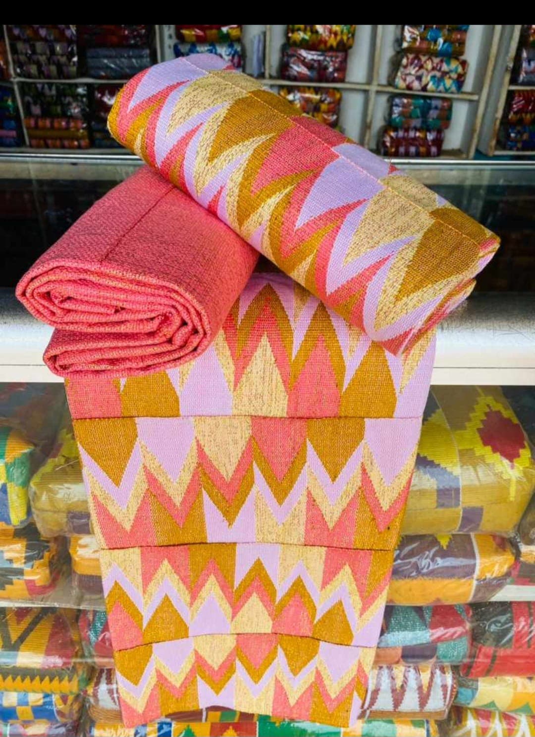 Kente Authentic Handwoven Gold, Pink & Lilac Kente Fabric – Ghanaian Traditional Cloth 45x65 Inches | 6-yard set (3 pieces)| Kente for Weddings in UK