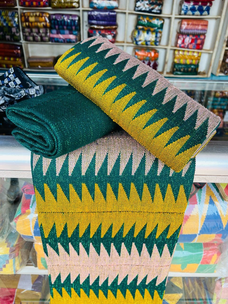 Kente - Authentic Edwensidwenso Kente Fabric – Handwoven Ghana Cloth in Green, Yellow & Pink | 6-yard set (3 pieces) 45x65 Inches Each | Traditional Kente in UK