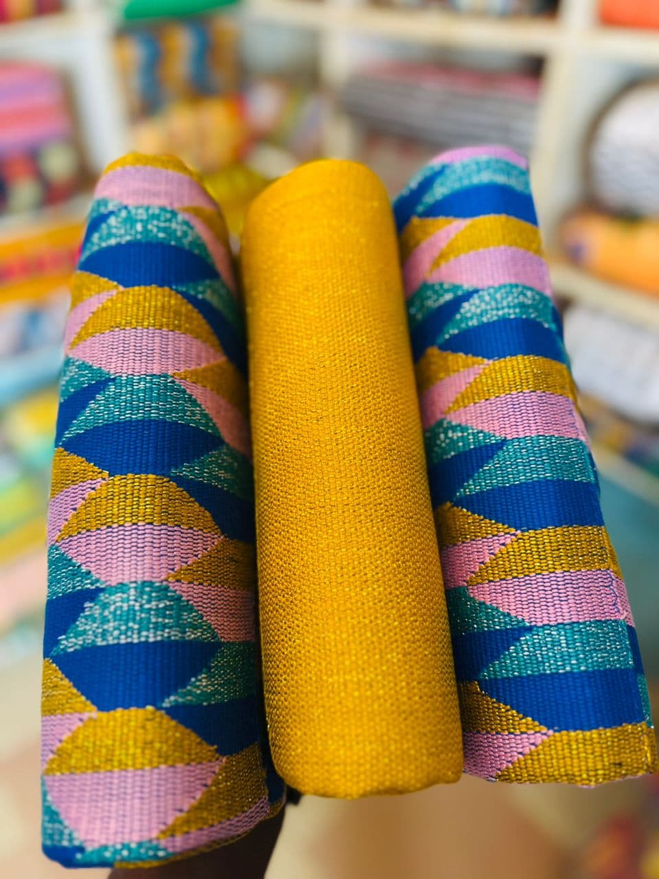 Kente - Authentic Handwoven Blue, Yellow & Pink Kente Fabric – Ghanaian Traditional Cloth | 6-yard set (3 pieces) 45x65 Inches Each | Plain & Patterned Set | African Fabric in UK