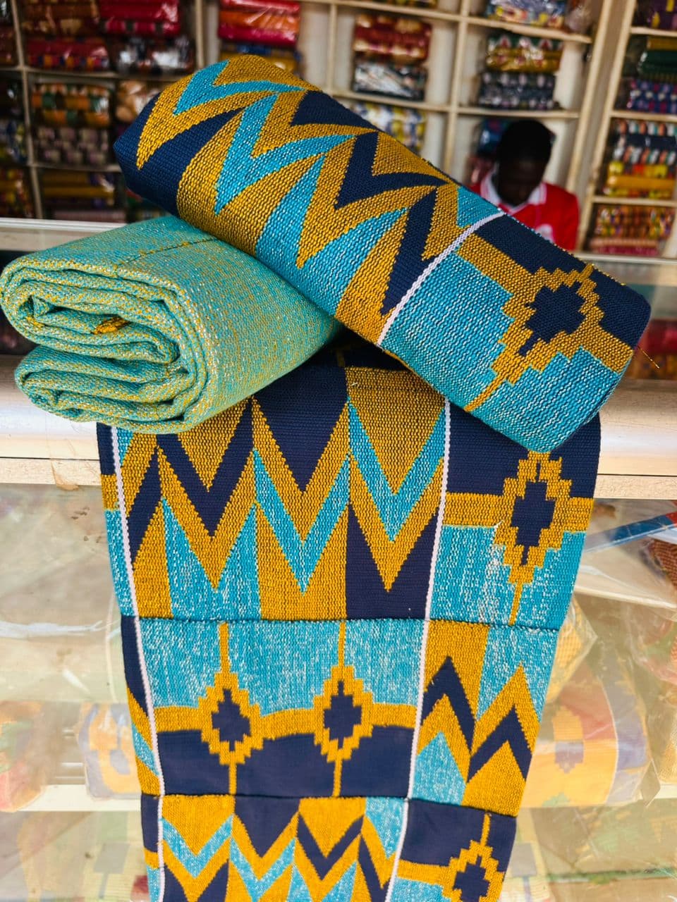 Kente - Edwensidwenso Blue & Yellow Kente Fabric – Authentic Handwoven Ghana Cloth | Plain & Patterned | 6-yard set (3 pieces) 45x65 Inches Each | African Fabric in UK
