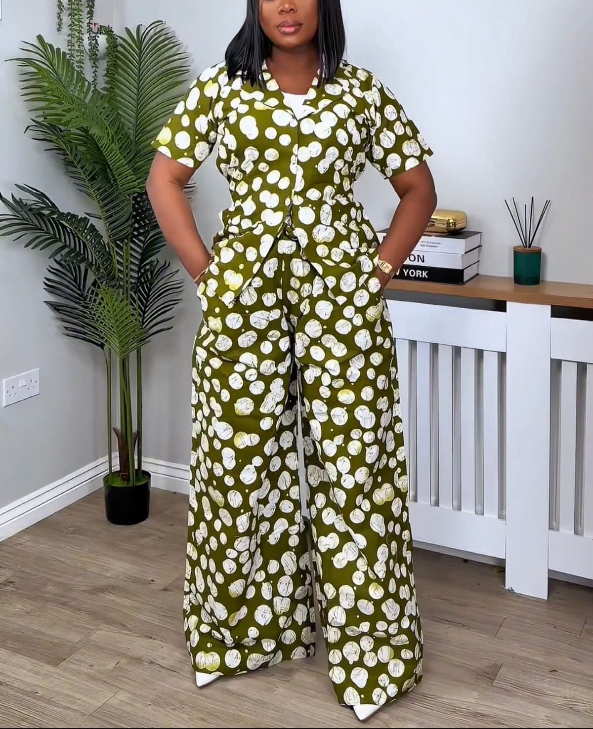 Ankara 2 Piece Trouser Set - Womenβs Green & White β Cotton African Print Co-ord Outfit UK β Sizes 10, 12, 14