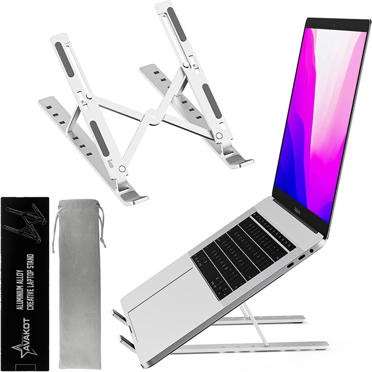 AVAKOT Portable Laptop Stand Computer Stand for Laptop Ergonomic Aluminum Laptop Stand | Adjustable Laptop Riser Notebook Holder Stand Compatible with MacBook,iPad,Dell,Lenovo 9-15.6" Laptops | Silver
