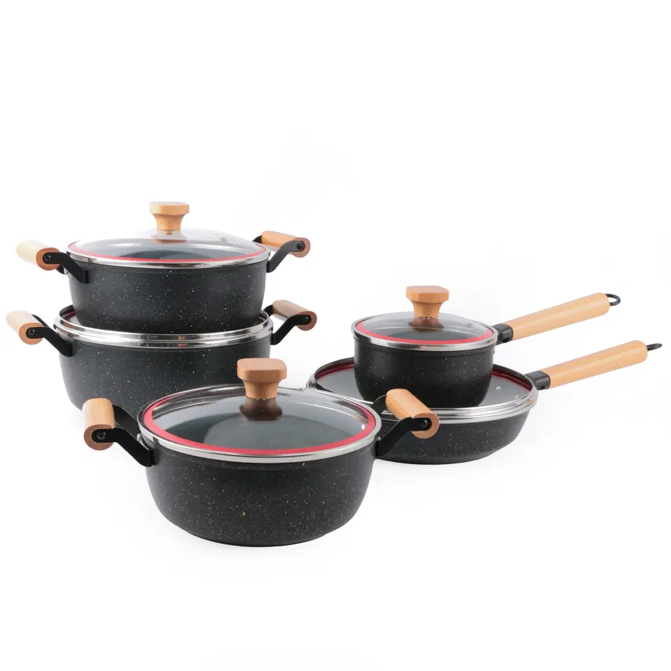 Cookware set 10 pieces  maifan pot cooking pot set with wooden handle