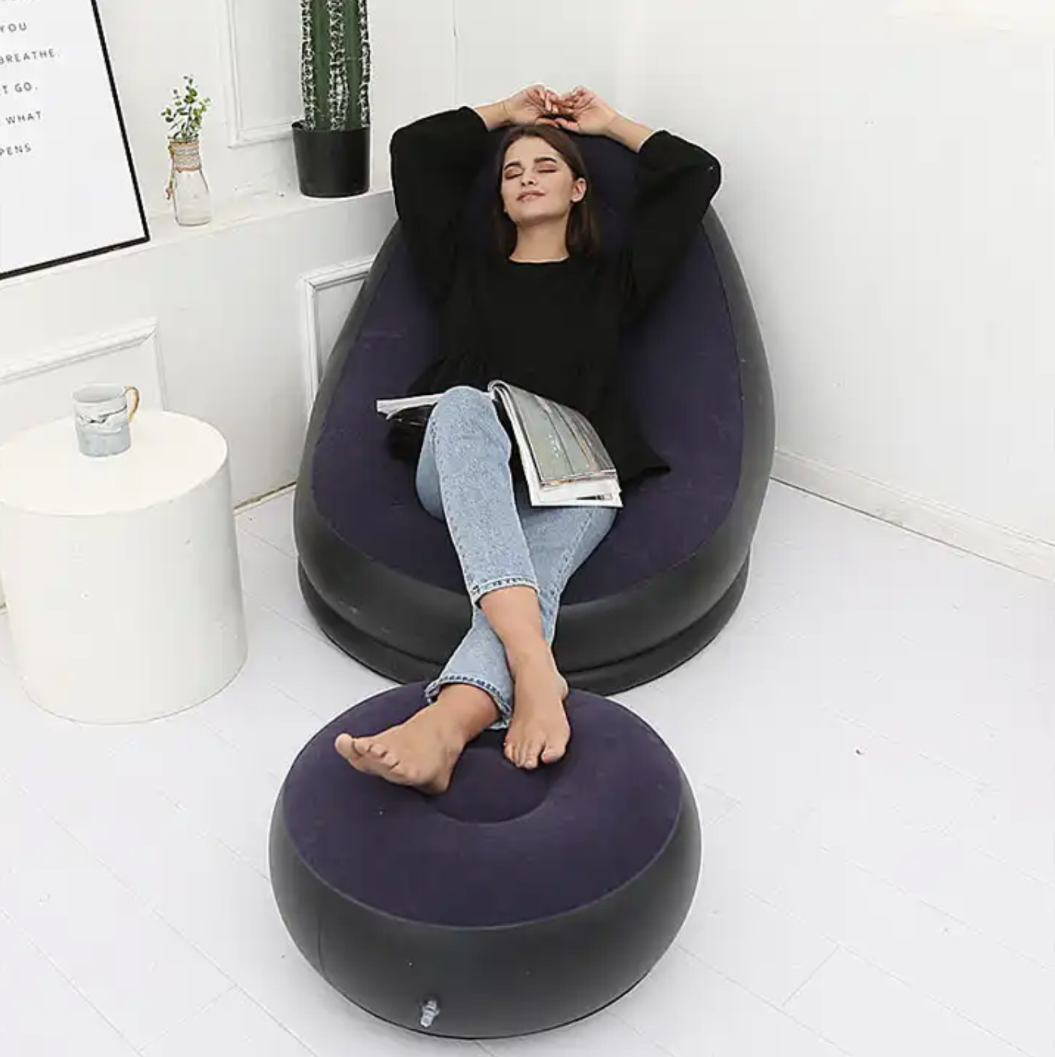 Inflatable sofa chair portable outdoor sofa bed with footstool
