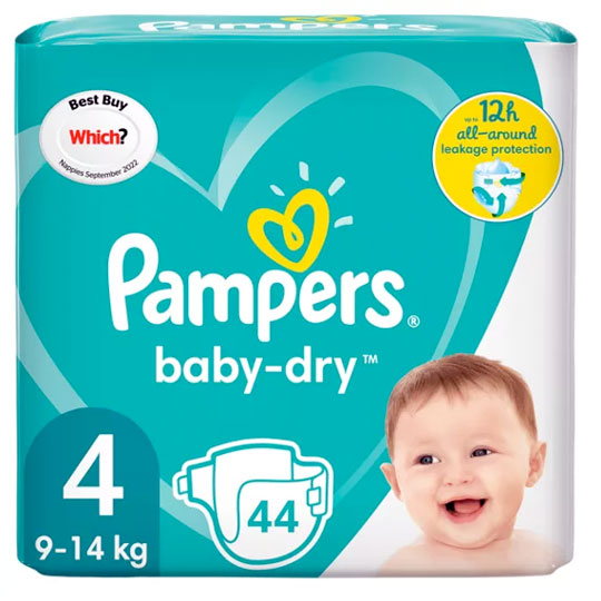 Asda Pampers Baby Dry Size 4, 9kg To 14kg, 44 Nappies In Essential Pack
