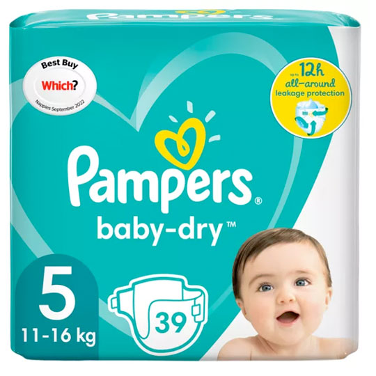 Asda pampers baby-dry size 5, 11kg to 16kg, 39 nappies in essential pack