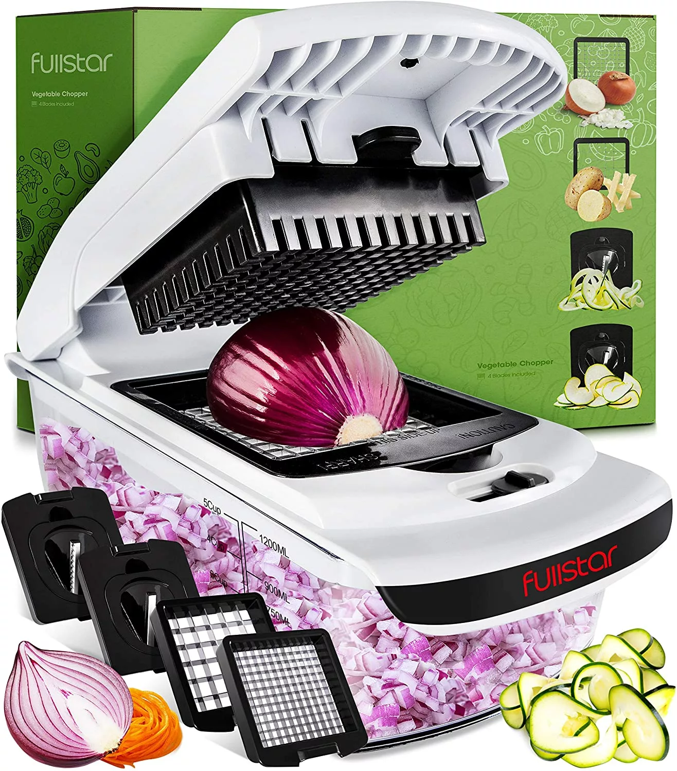 Vegetable chopper onion chopper food chopper manual - 4 blades spiralizer vegetable slicer onion cutter with container