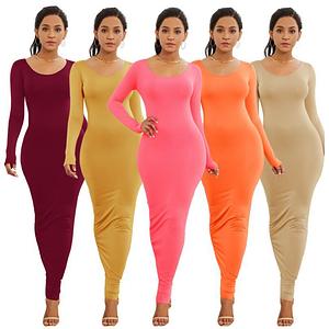 Women Dress Elegant Solid Color Slim Sexy Long Dress Bodycon Casual Dress For Ladies